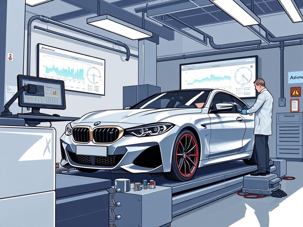 An illustration of a BMW being tuned on a dynamometer, with a mechanic analyzing performance data on a computer screen. The setting highlights a state-of-the-art tuning shop with advanced technology. The car looks sleek and sporty, symbolizing enhanced performance and luxury.