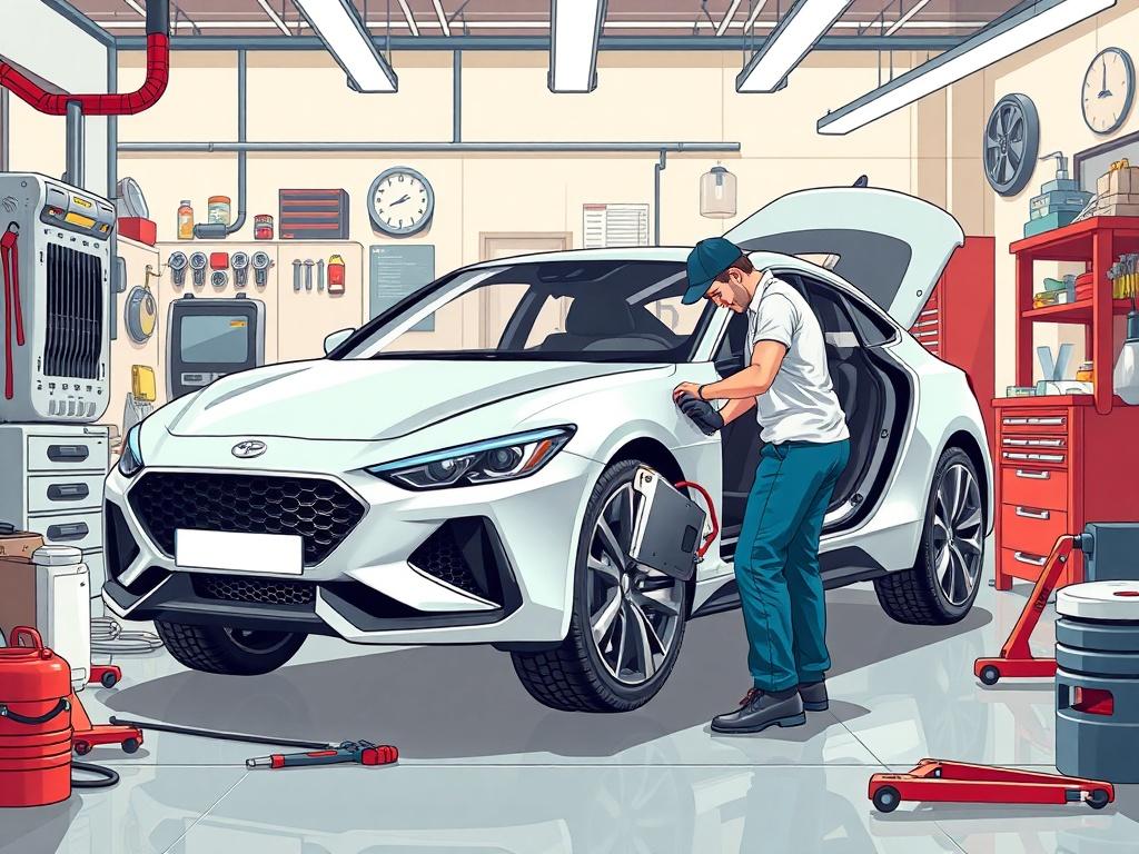 A high-quality illustration of a hybrid car being repaired in a workshop, focusing on a mechanic working on the electric motor. The environment should be clean and organized, showcasing high-quality tools and a sense of professionalism. The color scheme should resonate with Italian luxury.