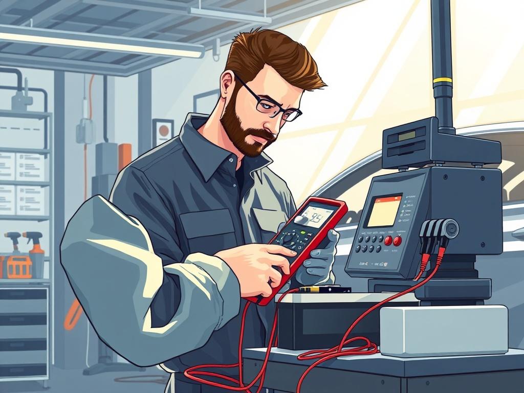 A high-quality illustration of a hybrid battery being tested with diagnostic equipment in a well-lit garage. The focus should be on the technician using a multimeter, with various tools and a hybrid vehicle in the background. The style should be modern and reflect premium quality.