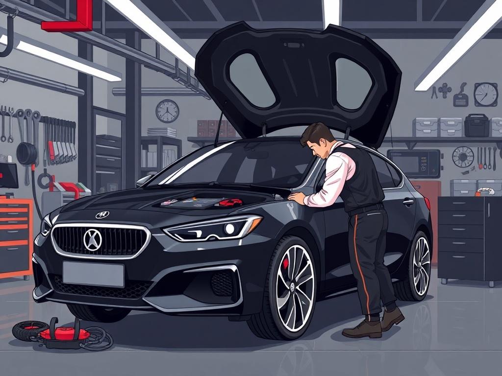A high-quality illustration of a hybrid car being serviced in a modern workshop. The focus should be on a mechanic inspecting the hybrid battery, with tools and equipment neatly arranged in the background. The colors should reflect an Italian style with a premium look, incorporating shades of black and subtle red accents.