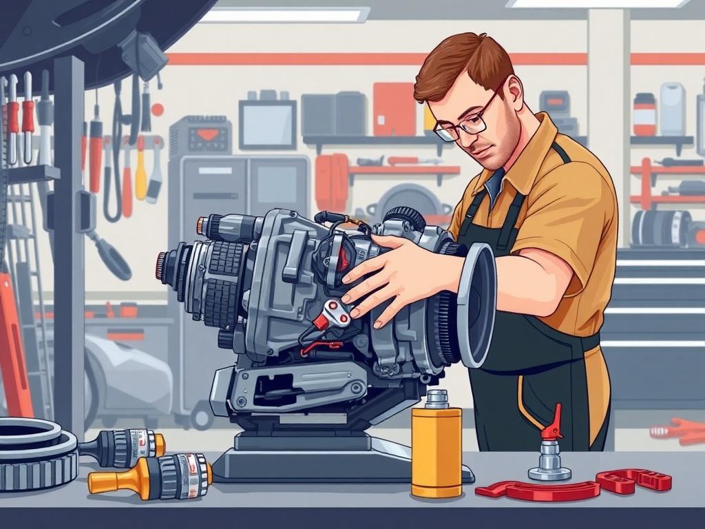 A high-quality illustration of a car's gearbox being serviced, focusing on a DSG and S-Tronic transmission. The composition should be simple and clear, showing a mechanic working on the gearbox with various tools around. The background should be a clean and organized workshop environment, emphasizing professionalism and expertise. The color scheme should incorporate elements of Italian style with a dominant rgb(193, 153, 87) primary color.