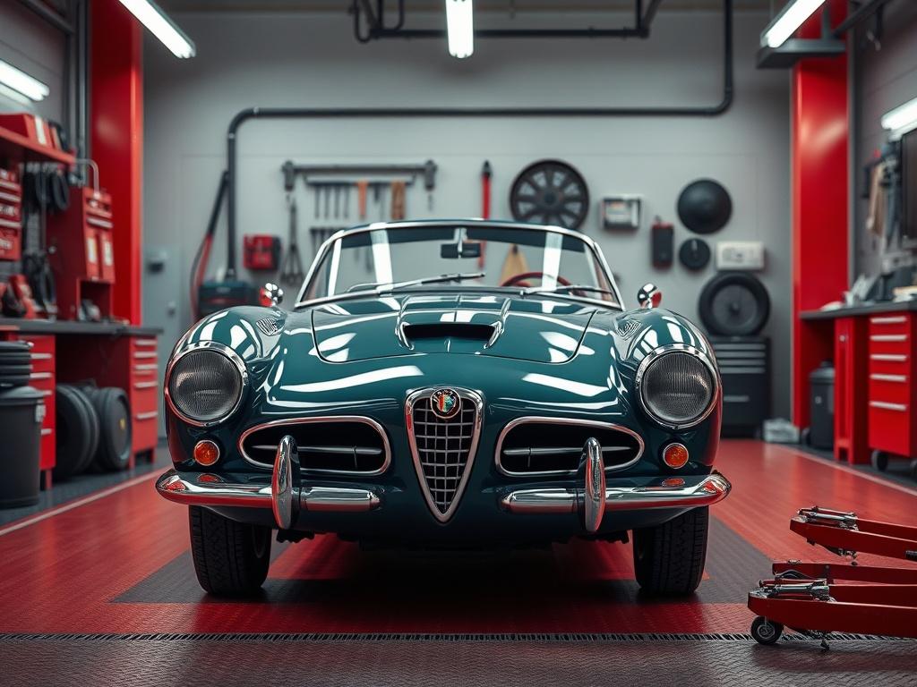 A photorealistic image depicting a classic Italian car, such as an Alfa Romeo, surrounded by workshop tools and a mechanic's setup. The background should be a sleek, modern garage with clean lines and vibrant colors, creating an atmosphere of innovation and craftsmanship. The lighting should highlight the car's elegant curves and the details of the workshop, emphasizing the blend of tradition and modernity.