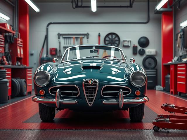 A photorealistic image depicting a classic Italian car, such as an Alfa Romeo, surrounded by workshop tools and a mechanic's setup. The background should be a sleek, modern garage with clean lines and vibrant colors, creating an atmosphere of innovation and craftsmanship. The lighting should highlight the car's elegant curves and the details of the workshop, emphasizing the blend of tradition and modernity.