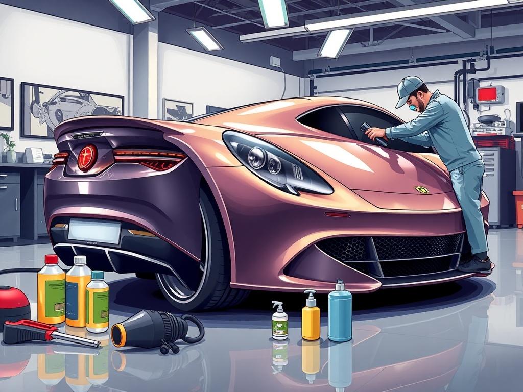 A high-quality illustration of a luxury Italian car being detailed by a professional. The focus is on the car's shiny exterior, with tools and products arranged neatly around it. The setting is a clean, modern garage with bright lighting, highlighting the car's curves and design. The atmosphere conveys luxury and meticulous attention to detail.