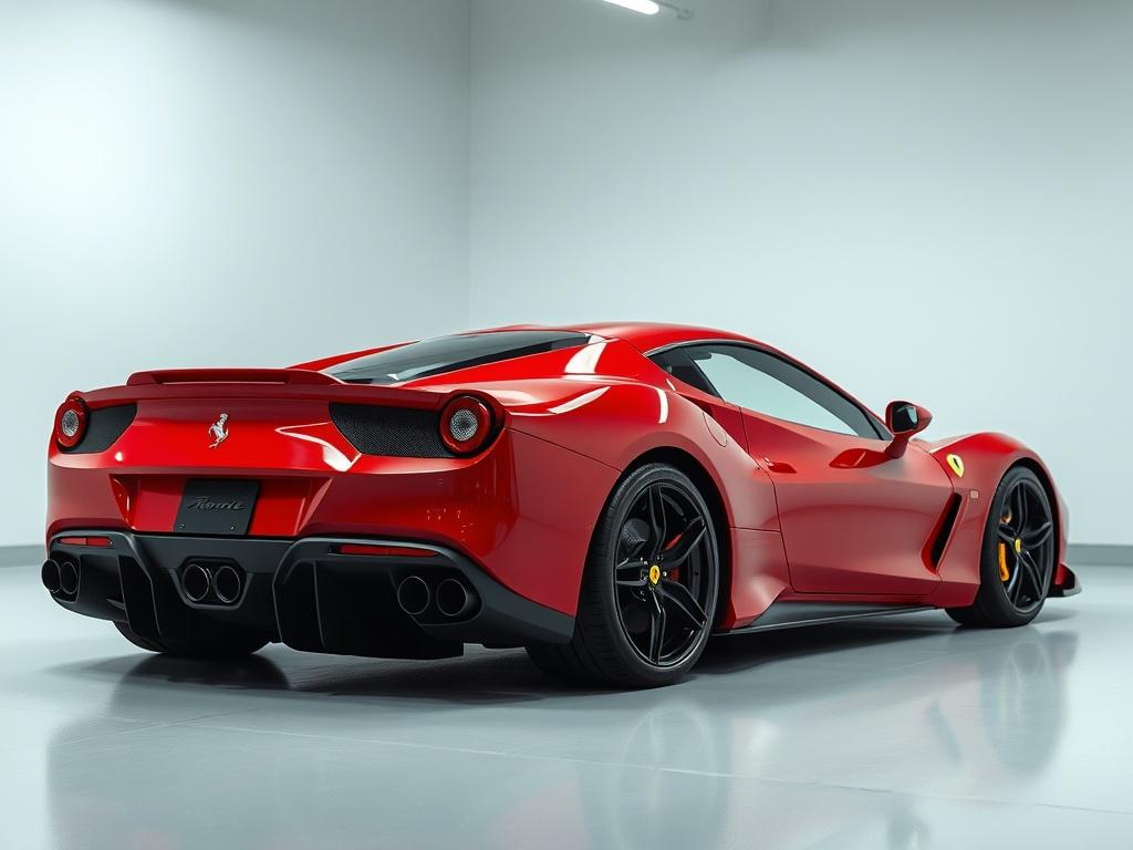 A striking, high-resolution image featuring a sleek, high-end Italian sports car, such as a Ferrari or Lamborghini, parked gracefully in a well-lit, minimalistic garage. The car should be the sole focus, showcasing its elegant lines and vibrant colors against a clean, sleek background. The composition should emphasize the car's design and craftsmanship, highlighting the luxury and performance aspects, with a subtle hint of Italian heritage in the styling.
