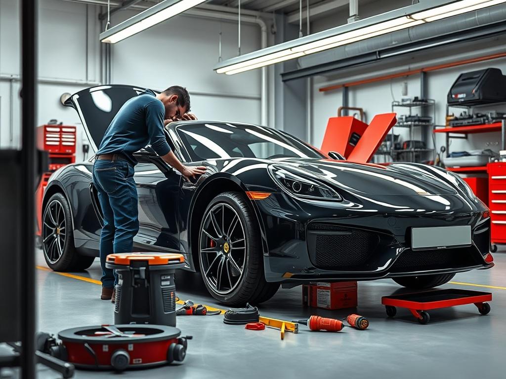 A high-resolution image depicting an Italian luxury car being repaired in a professional workshop. The focus should be on the skilled technician meticulously working on the car's body, with tools and parts clearly visible. The environment should convey a sense of professionalism and precision, with clean lines and a modern aesthetic.