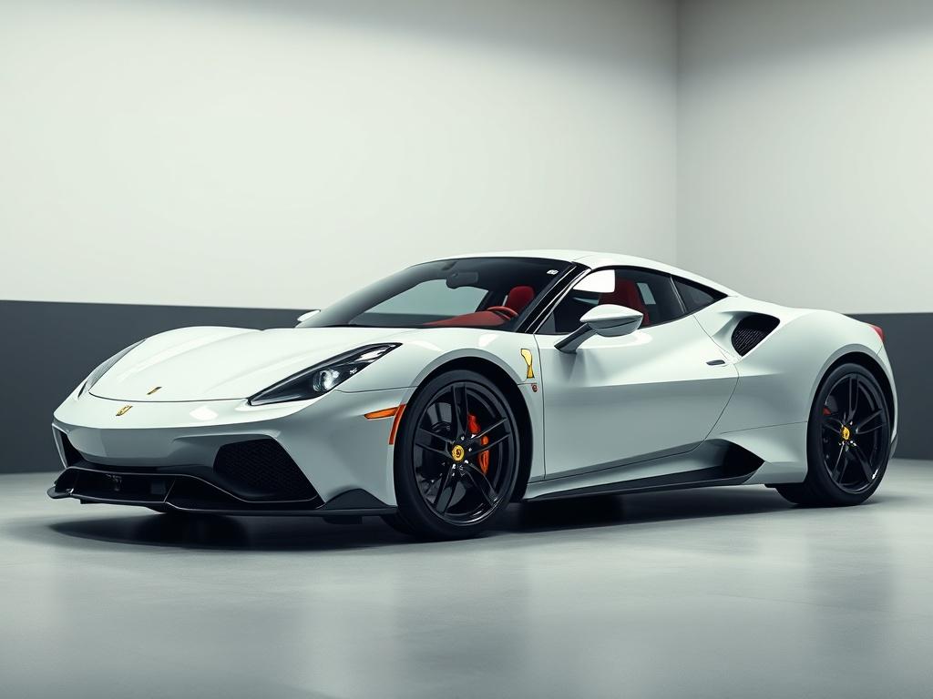 A realistic high-resolution photo of a sleek Italian sports car in a minimalist garage setting. The car should be the main focus, showcasing its elegant lines and vibrant colors. The background should be simple and clean, emphasizing the premium quality of the vehicle. The lighting should accentuate the curves of the car, creating a lifelike appearance.