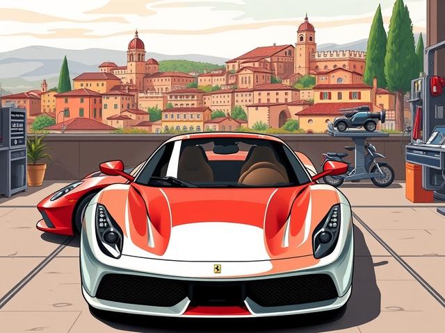 **Prompt for AI Image Generator:**

Create a high-quality illustration that embodies the essence of ItalCars, a distinguished specialist in Italian vehicles and luxury brands. The focal subject of the image should be a stunning Italian sports car, such as a sleek Ferrari or Maserati, positioned prominently in the foreground. The car should be rendered in exquisite detail, showcasing its elegant lines and dynamic design, with a glossy finish that captures the light.

The background should depict a vibrant, Italian-inspired landscape, perhaps featuring iconic architecture or rolling hills that evoke the charm of Italy. The color palette should include warm, rich tones that reflect the luxury and passion associated with Italian automotive design. Ensure that the composition is simple and clear, drawing the viewer's attention directly to the vehicle as the primary subject.

Incorporate subtle elements that hint at the expertise and dedication of ItalCars, such as a workshop setting in the background with tools and equipment, but keep these details understated to maintain focus on the car. The overall atmosphere should exude sophistication and passion for automotive excellence, making it clear that ItalCars is the go-to destination for Italian vehicle enthusiasts.
