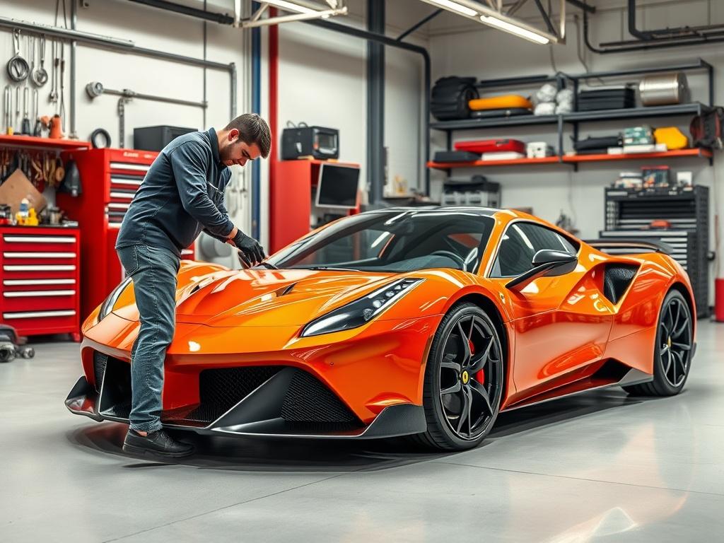 A skilled mechanic working on a high-end Italian sports car in a modern workshop, showcasing attention to detail and professionalism. The background should be clean and well-organized, with tools and parts neatly arranged. The car should have bold vibrant colors, emphasizing its luxury and performance. The lighting should be bright and focused on the car, creating a photorealistic effect.