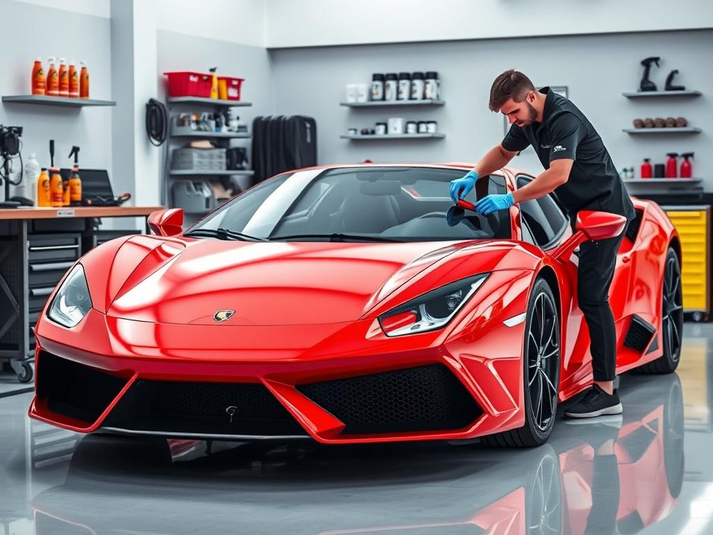 An Italian sports car being meticulously detailed by a professional, showcasing the shine and elegance of the vehicle. The setting should be bright and clean, with detailing products organized in the background. The car should be a bold and vibrant color, reflecting its luxury status, with the focus on the meticulous work being done.