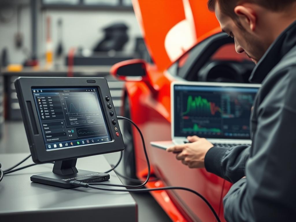 A close-up of a high-tech diagnostic tool connected to an Italian sports car's ECU, with a mechanic analyzing data on a laptop. The setting should be a modern workshop with a sleek and organized look. The car should be a vibrant color, showcasing its luxury appeal, and the lighting should highlight the technology and precision involved in the chiptuning process.