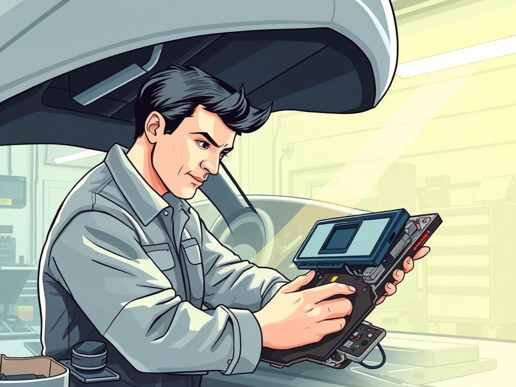 A high-quality illustration of a skilled technician working on a car's ECU and various electronic modules in a well-lit workshop. The technician is focused and surrounded by tools, with visible components like airbag, ABS, TCU, DSG, and ZF modules. The background should reflect a professional automotive environment, emphasizing precision and expertise.