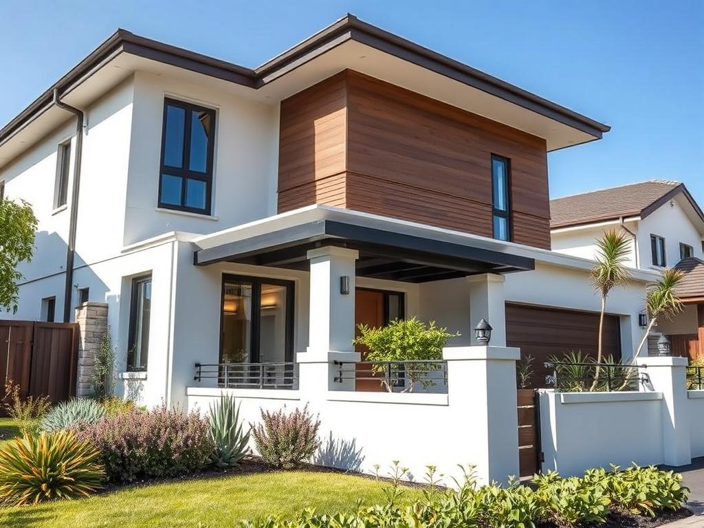 A close-up shot of a modern residential property with a well-maintained garden, shot with a 45mm f/1.2 lens. The image should convey a sense of professionalism and care, showcasing the property's exterior in a bright, inviting manner, against a clear blue sky.