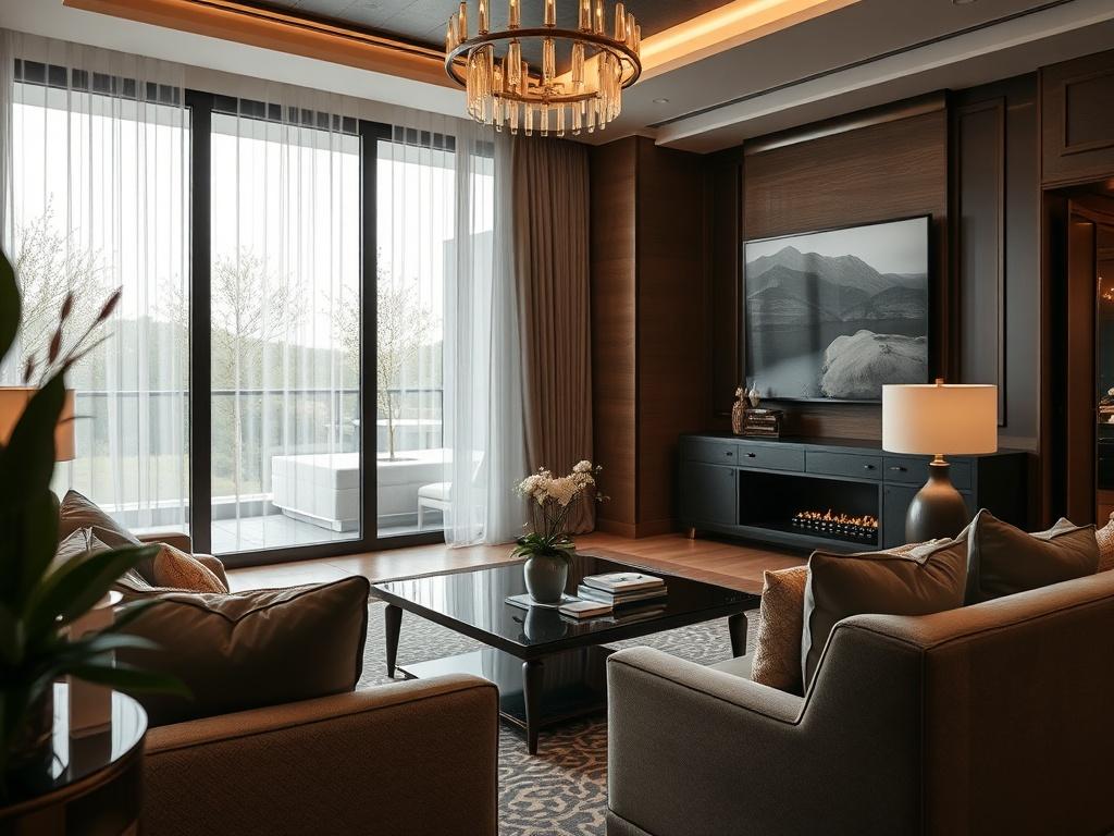 A close-up shot of a luxurious property interior showcasing elegant design and decor, emphasizing comfort and sophistication. The image should capture the essence of premium living, taken with a 45mm f/1.2 lens.