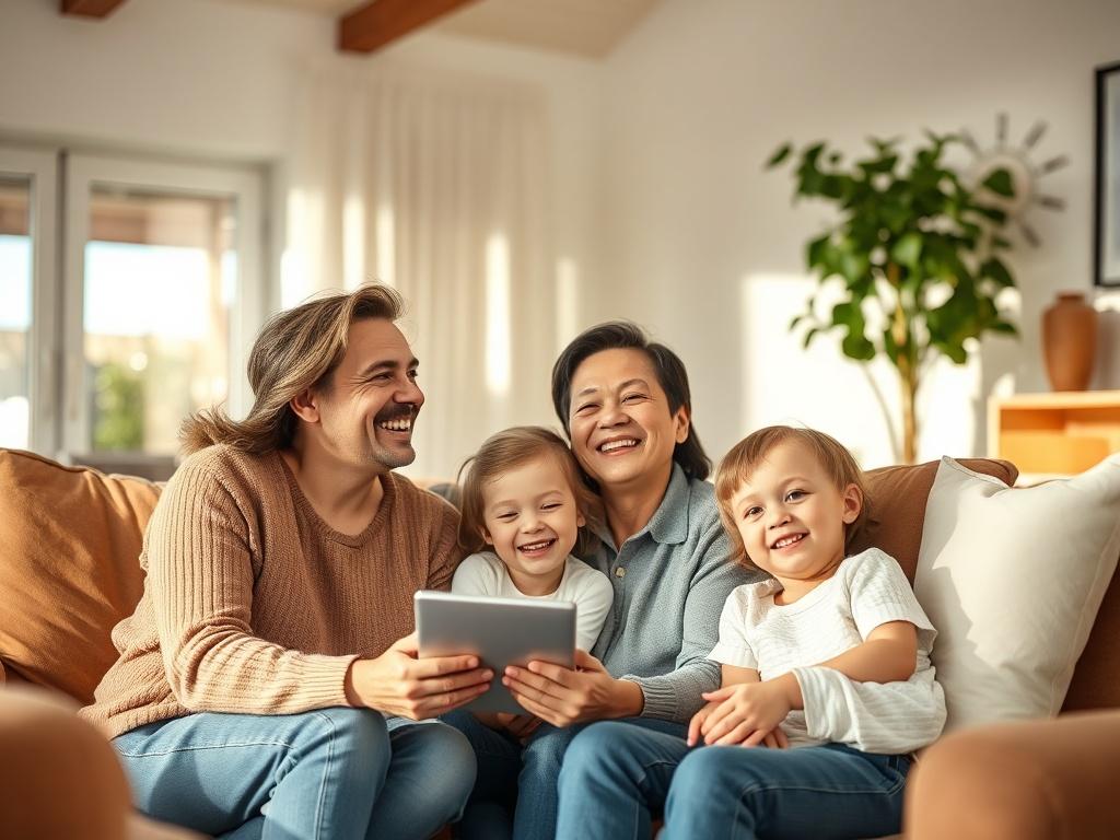 A close-up shot of a happy family enjoying their home, showing a cozy living room setting with comfortable furniture and natural light. The image should reflect a sense of satisfaction and warmth, taken with a 45mm f/1.2 lens.