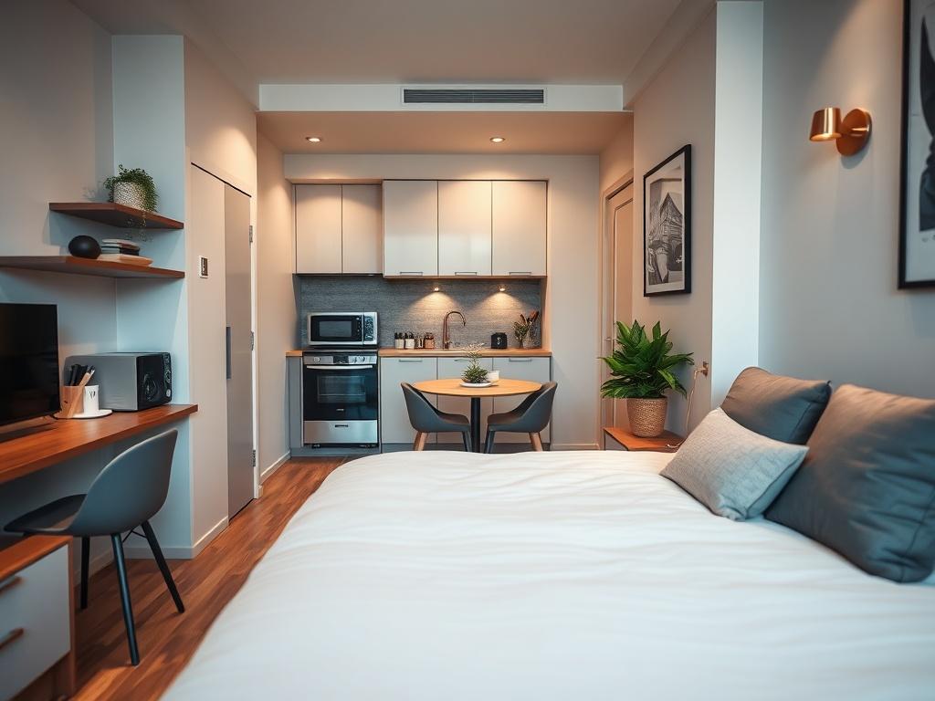 A modern studio apartment featuring a compact kitchenette and a cozy seating area, with stylish decor and warm lighting. The composition should focus on the efficient use of space, highlighting the comfort of the sleeping area and the inviting atmosphere of the apartment.