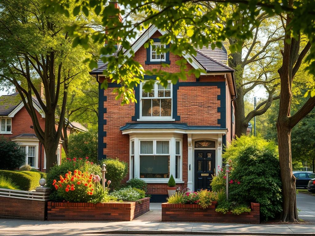 Create a realistic high-resolution image that captures the essence of residential properties in Nottingham. The composition should be simple and clear, featuring a single, charming residential building as the focal point. Select a well-maintained Victorian-style home with a captivating front garden adorned with blooming flowers and lush greenery, reflecting the character of Nottingham's architecture.

In the background, showcase a serene street scene framed by mature trees, accentuating the neighborhood’s i