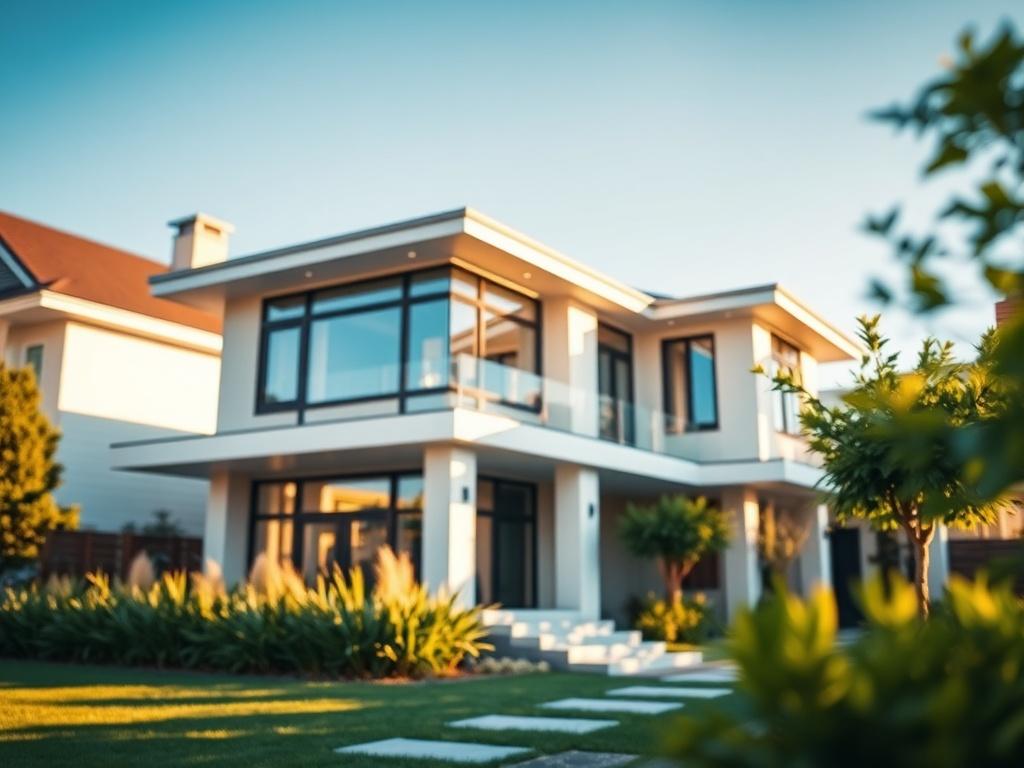 A hyper-realistic close-up shot of a beautiful residential property showcasing modern architecture, with sunlight illuminating its features. The background should be a clear blue sky and a well-maintained garden, creating an inviting and warm atmosphere. The image should reflect the essence of quality and trust in property sales, emphasizing the focus on residential listings.