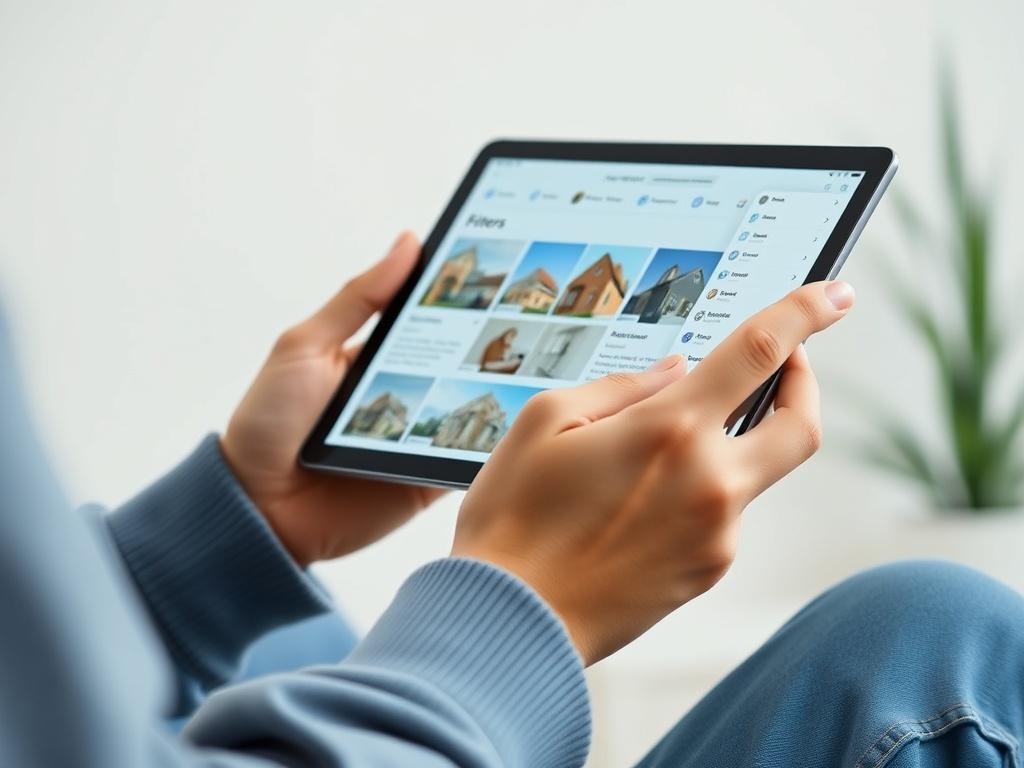 A close-up shot of a person using a tablet to browse property listings, displaying a clear interface with various filters. The background should be minimalistic and modern, emphasizing the ease of use and accessibility of the online property search tool.