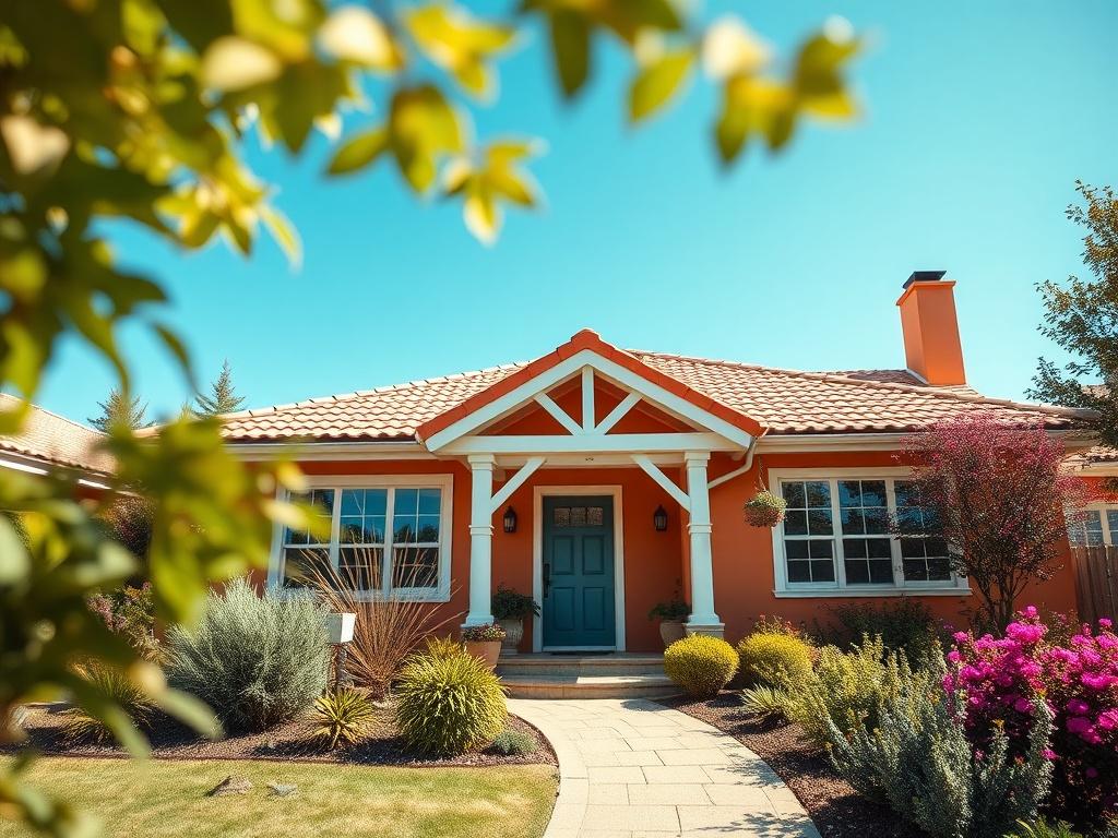 A stunning close-up shot of an inviting residential home, featuring a well-maintained garden. The house should have a warm, welcoming exterior with a bright color palette. The background should be a clear blue sky, enhancing the vibrant colors of the house and garden. The focus should be sharp, showcasing intricate details of the house's architecture and landscaping, captured in a hyper-realistic style using a 45mm f/1.2 lens.