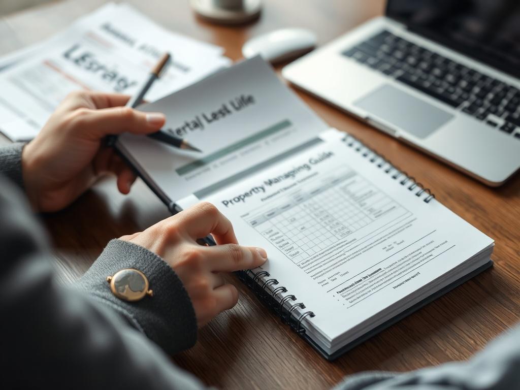 A close-up shot of a landlord reviewing a property management guide with a notepad and pen, surrounded by rental property documents and a laptop, reflecting a focused and organized approach to property management.