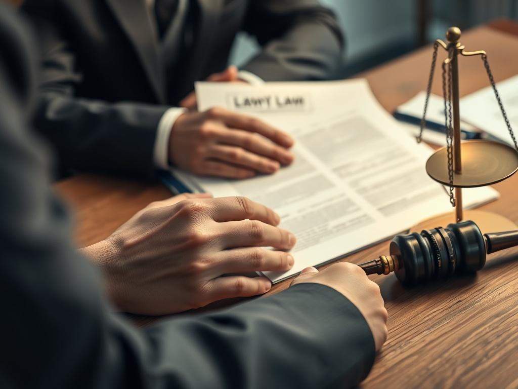 A close-up shot of a legal expert explaining housing laws to a landlord, with legal documents and a law book on the table, emphasizing professionalism and clarity in legal compliance.