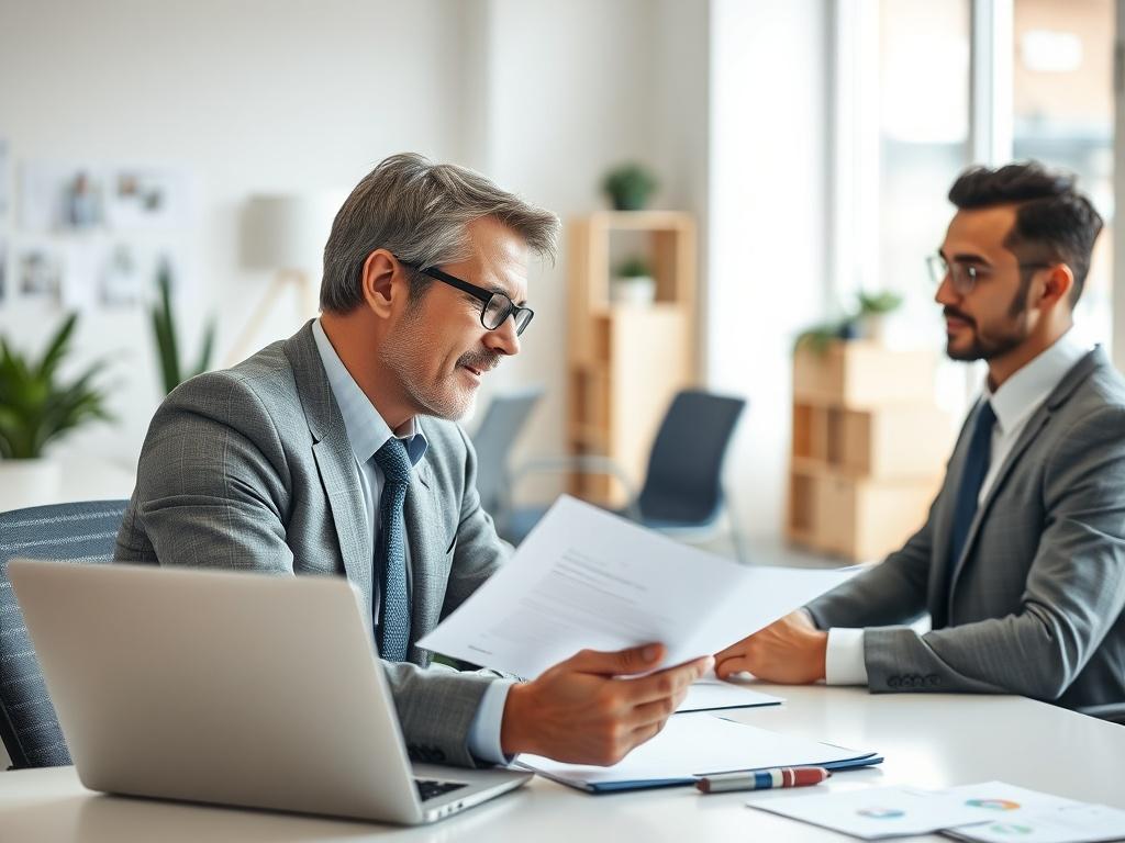 A close-up shot of a knowledgeable property manager discussing a rental agreement with a landlord in a bright office space, showcasing professionalism and support. The background includes a modern desk with property listings and a laptop, creating an inviting atmosphere.