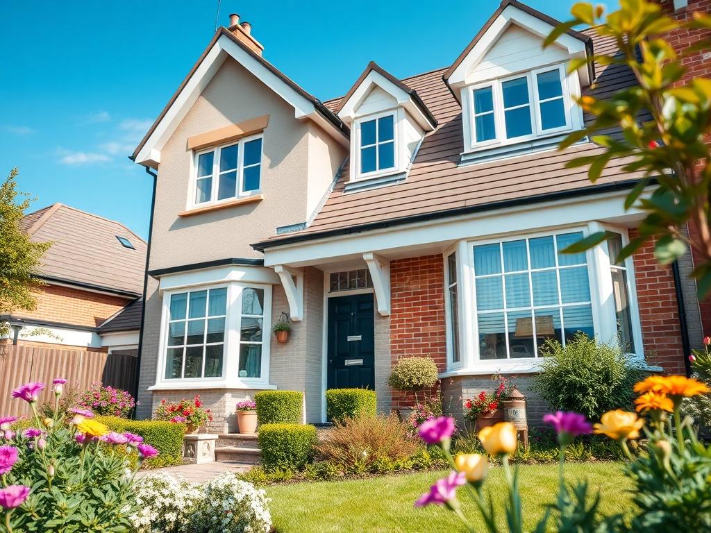 A realistic high-resolution image of a modern residential property, showcasing a well-maintained front garden with flowers, and a clear blue sky in the background. The composition should be simple and inviting, focusing on the exterior of the house with a sense of warmth and welcome. The property should reflect contemporary UK architecture, emphasizing attractive features such as large windows and a charming entrance.