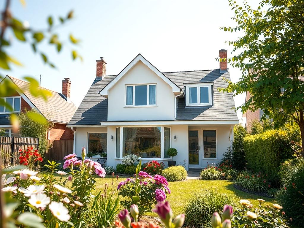 A charming 3-bedroom detached house set in a picturesque neighborhood. The house features a lovely garden with flowers and greenery in the foreground. The image should capture the front view of the house, showcasing its modern architecture, large windows, and inviting entrance. The sky should be clear and bright, adding to the overall cheerful appearance.