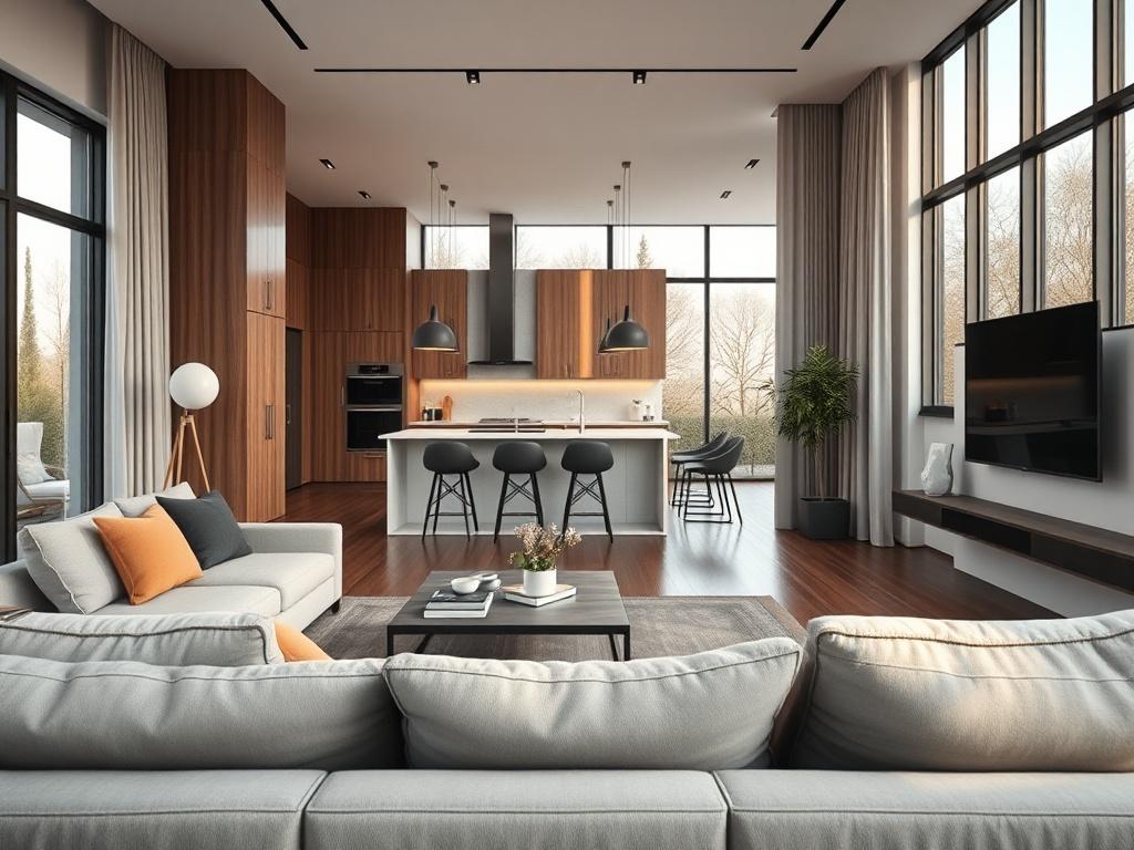 A modern 2-bedroom apartment showcasing the contemporary design of the living space. The interior should feature an open-plan layout with elegant furnishings and a stylish kitchen visible in the background. Large windows should be highlighted, allowing natural light to illuminate the room. The image should evoke a sense of modern luxury.