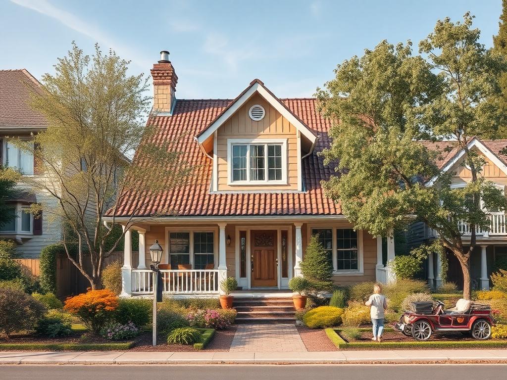 A cozy 4-bedroom family home surrounded by a well-kept garden. The house should exhibit a warm and inviting façade with a traditional design. The image should capture the essence of a family-friendly neighborhood, with trees and children playing in the vicinity. The overall scene should portray a sense of comfort and belonging.
