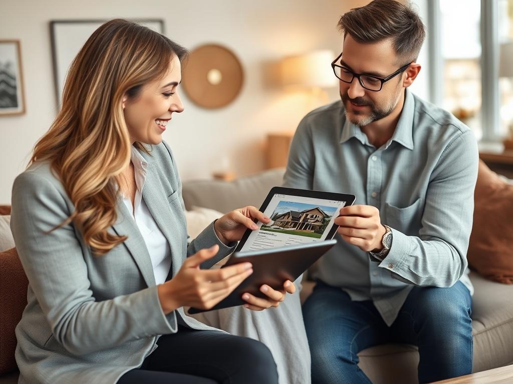 A professional real estate agent discussing with a homeowner in a cozy living room setting. The agent should be pointing at a property listing on a tablet, while the homeowner appears engaged and interested. The atmosphere should feel collaborative and supportive.