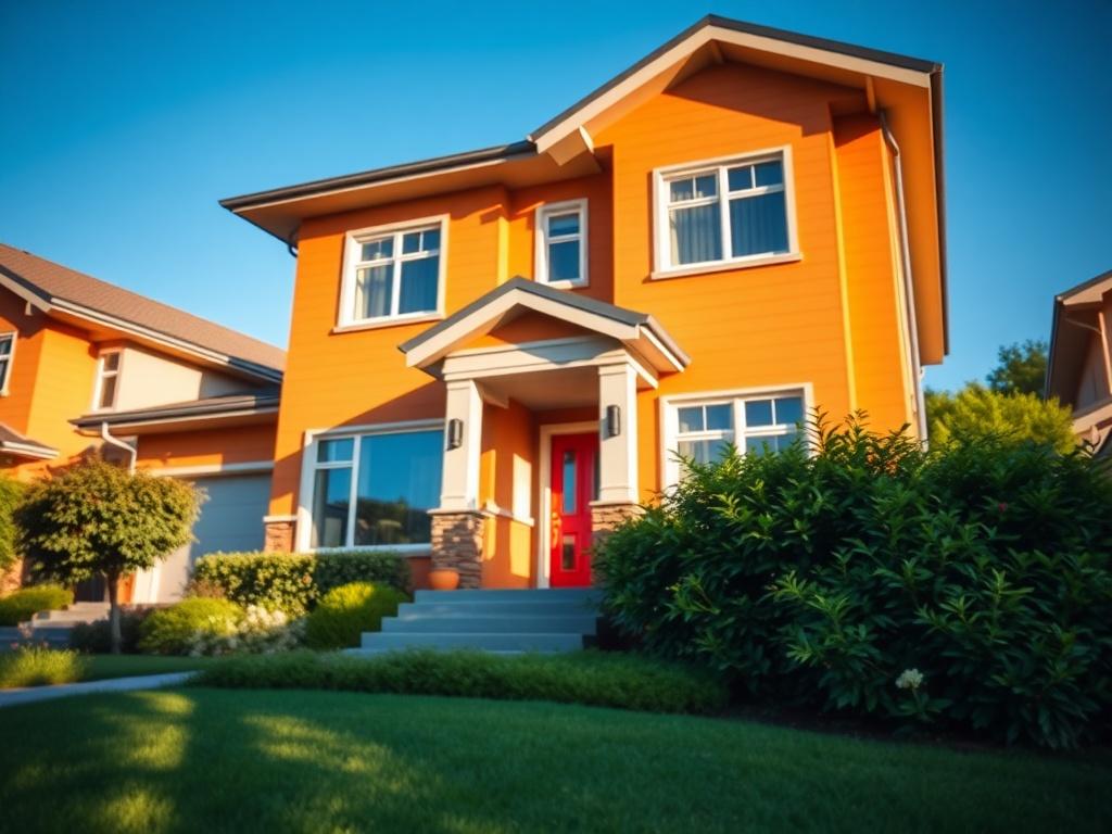 A close-up shot of a modern home exterior, showcasing a well-maintained garden and clear blue sky. The house should be positioned centrally, with vibrant colors reflecting the sunlight. The photograph should capture the inviting atmosphere of a residential area, with lush greenery surrounding the property.