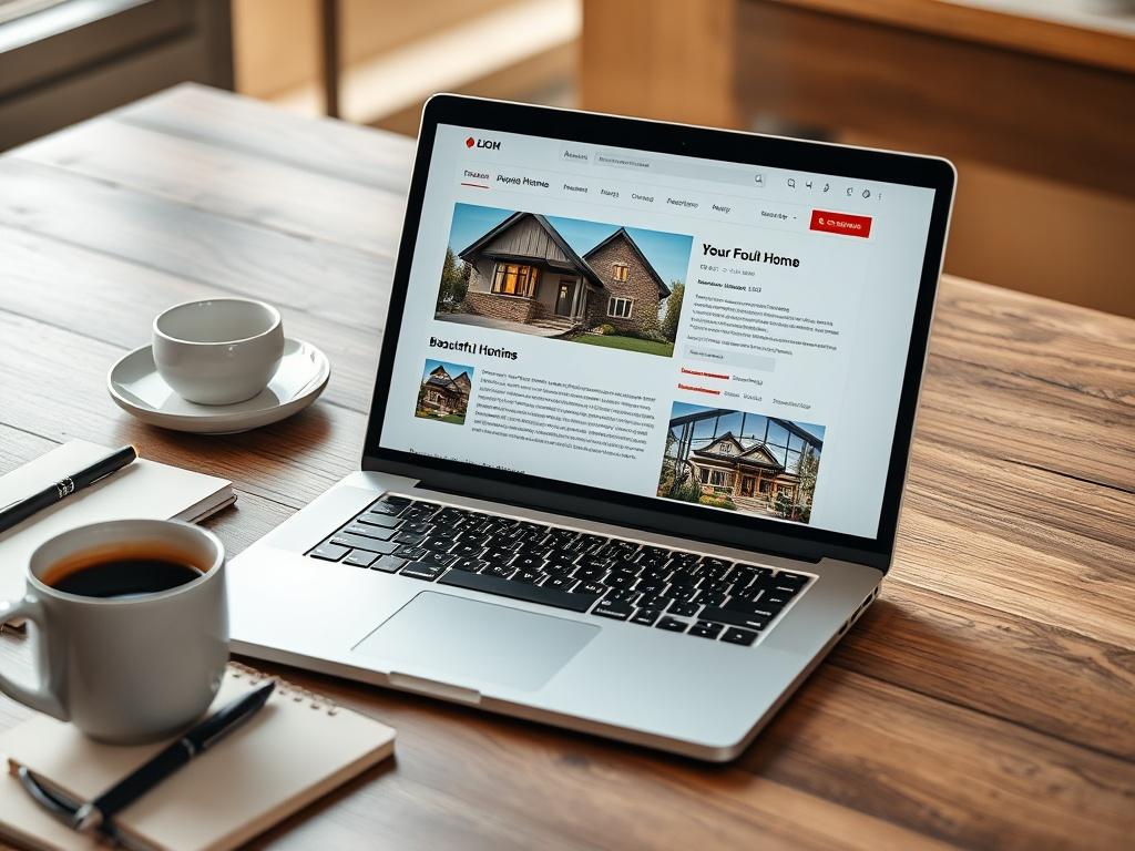 An eye-catching property listing displayed on a laptop screen, surrounded by a stylish workspace with a notepad, pen, and coffee cup. The listing should include high-resolution images of a beautiful home, alongside an inviting description.
