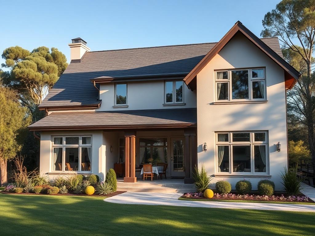 A spacious 3-bedroom family home with a modern architectural design. The image should showcase the inviting exterior, featuring large windows and a well-kept garden. The background should include a clear blue sky and trees, reflecting a family-friendly environment.