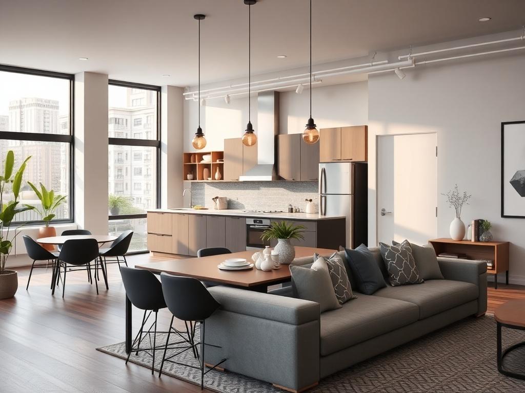 A modern 1-bedroom apartment showcasing an open-concept design. The image should focus on the stylish kitchen and living area, with large windows allowing natural light. Include elements of contemporary decor, creating an inviting and urban atmosphere.