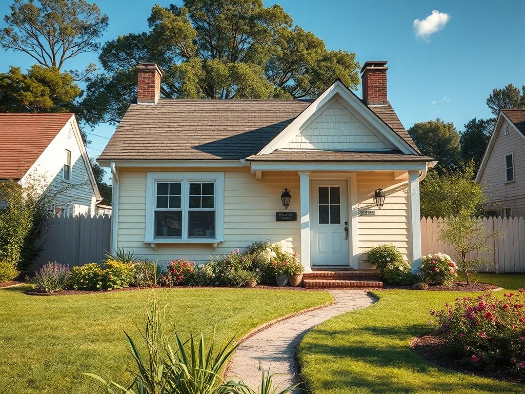 A charming 2-bedroom cottage in a peaceful neighborhood, featuring a cozy living area and a beautiful garden. The image should capture the inviting exterior of the cottage with a well-maintained lawn and flowers. The background should include blue skies and trees, creating a serene atmosphere.