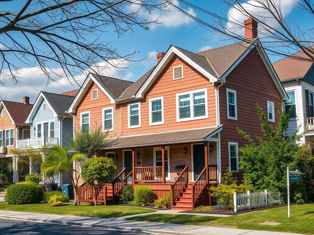 A high-resolution image of an investment property, shot in a hyper-realistic style. Focus on a well-maintained multi-family home, emphasizing its potential for rental income. The background should include a vibrant neighborhood scene, showcasing nearby amenities and a welcoming community environment.