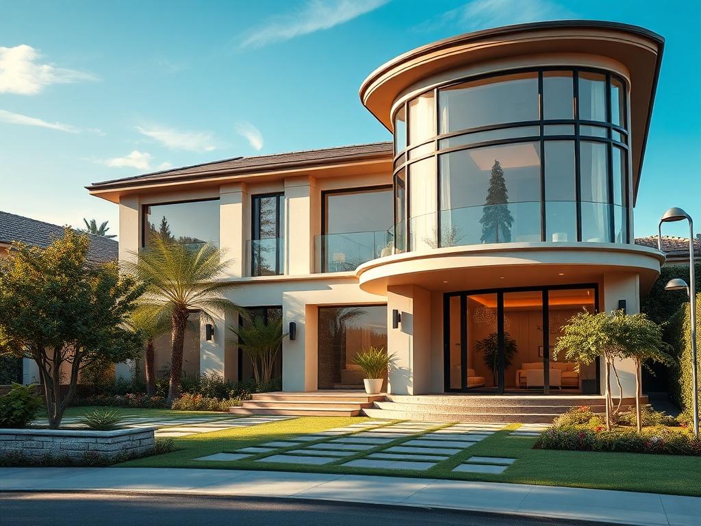 A stunning high-resolution image of a luxury residential property, shot in a hyper-realistic style. The image should focus on the architectural details of the house, showcasing elegant features like large windows, a landscaped garden, and a contemporary entrance. The background should be a clear sky, highlighting the property's grandeur and sophistication.