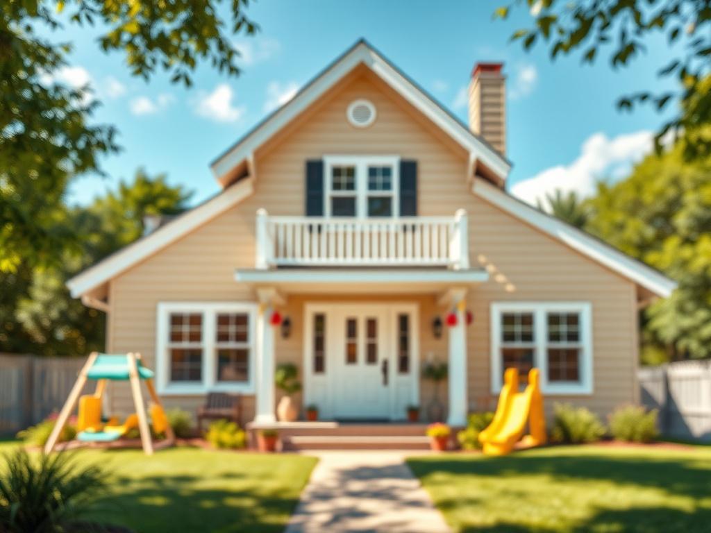 A warm, inviting high-resolution image of a family-friendly home, captured in a hyper-realistic style. The image should highlight the house's spacious front yard, play area, and welcoming entrance. The background should feature lush greenery and a blue sky, creating a cheerful and family-oriented atmosphere.