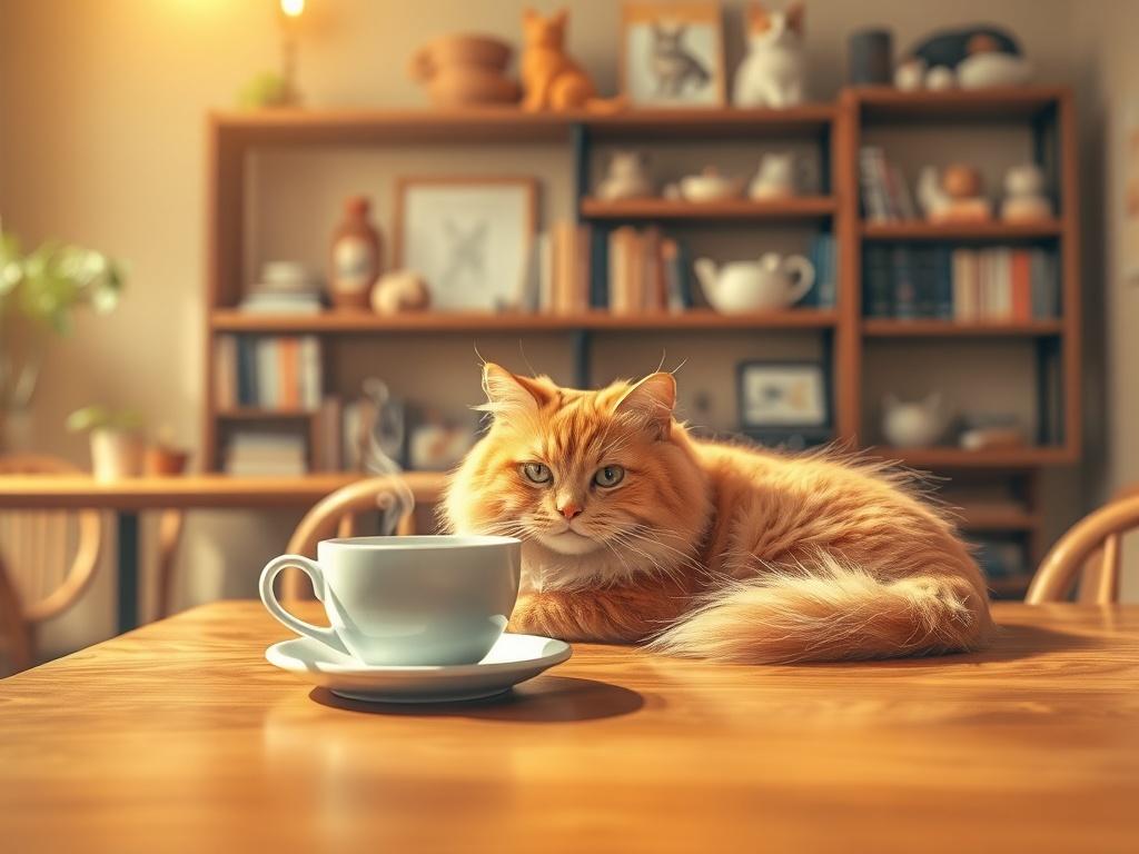 A cozy cat café scene with a warm, inviting atmosphere. In the foreground, a fluffy orange cat lounges on a wooden table beside a steaming cup of coffee. Soft golden lighting fills the space, enhancing the serene vibe. The background features shelves filled with books and cat-themed decor, creating a welcoming environment for visitors. The overall composition is simple and clear, focusing on the cat and coffee.