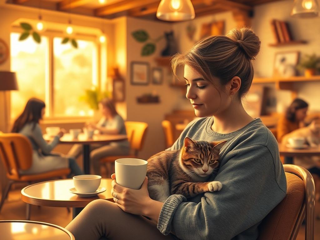 A cozy cat café with warm golden lighting, featuring a