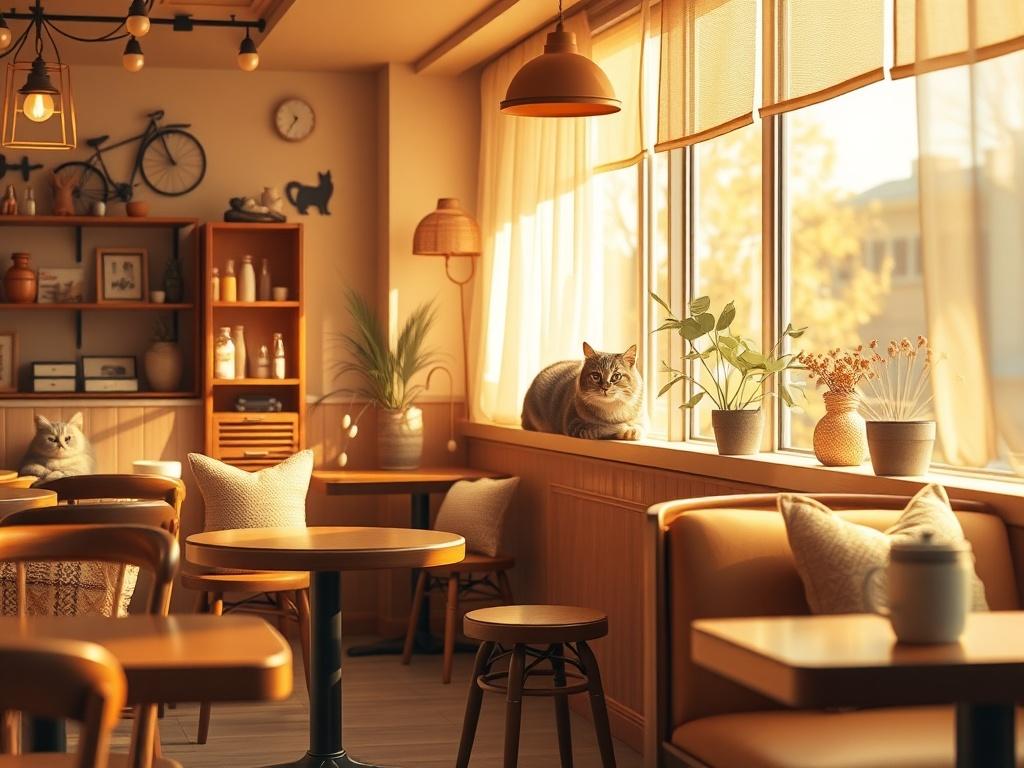 A cozy cat café interior featuring warm golden hues and