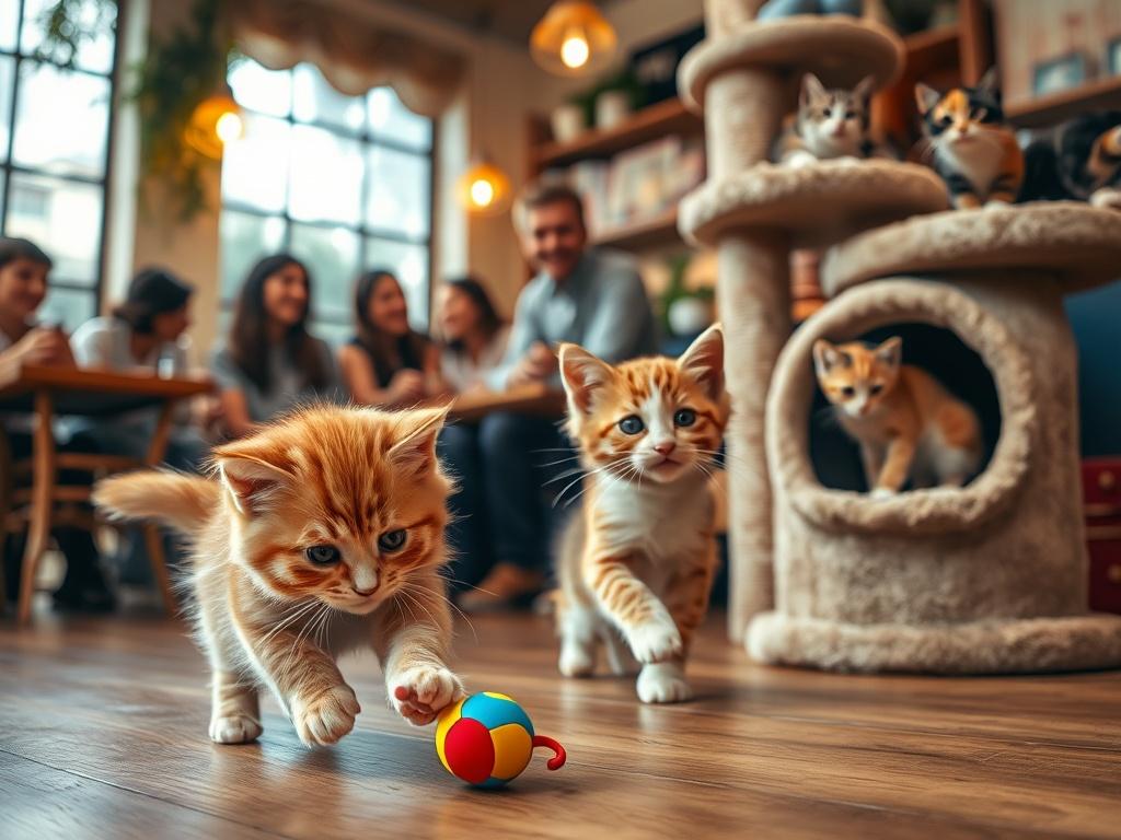 A lively scene of playful kittens in a cat café
