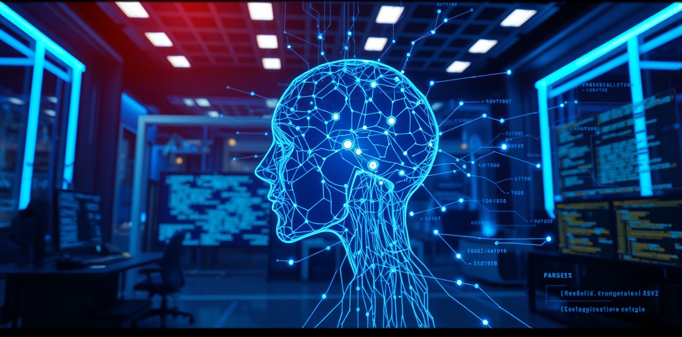 Advanced AI technology and machine learning interface with neural networks visualization and electric blue lighting