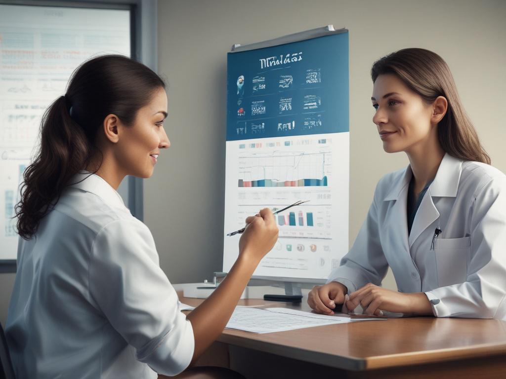 A high resolution image showcasing Monica reviewing a progress chart