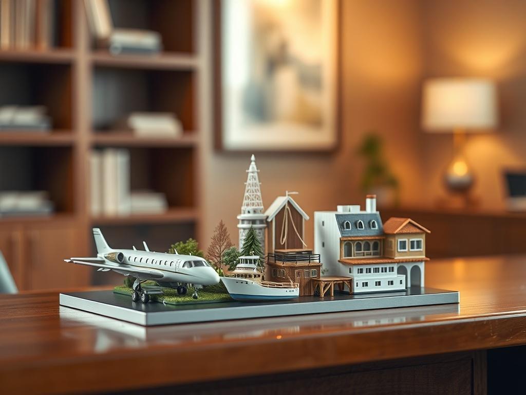 Generate a realistic high-resolution photo that visually represents the concept of "fractional assets." The composition should feature a single subject, which is an elegant scale model of a diversified investment portfolio. This scale model should include miniature representations of various asset classes, such as a small aircraft, a maritime vessel, a piece of land, and an affordable housing unit, arranged on a polished wooden desk. 

The background should be softly blurred to maintain focus on the scale m