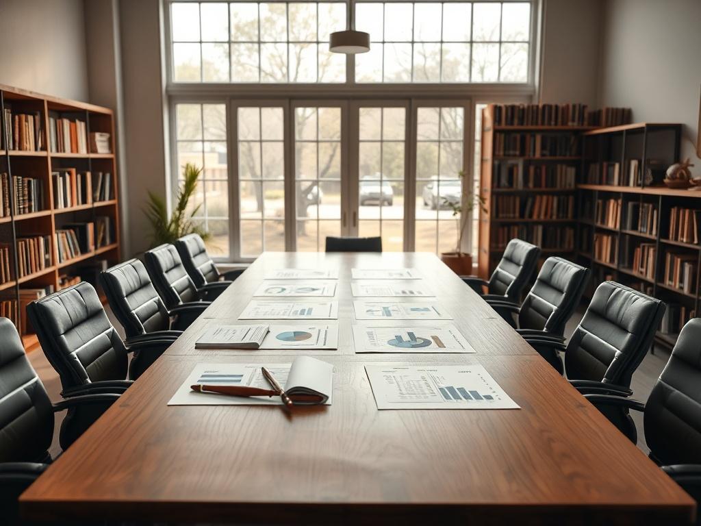 A realistic high-resolution photo of a structured office environment featuring a large conference table with legal documents and charts laid out. The background should include shelves with books related to governance and asset management. Soft natural lighting filters through large windows, creating a professional atmosphere. The colour palette should reflect earthy tones and textures, harmonizing with the #062767 primary colour.