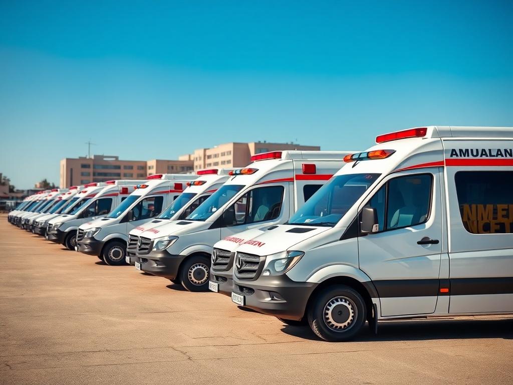A fleet of modern commercial ambulances parked in a well-lit, open area. The ambulances should be pristine and clearly branded, showcasing their professional and reliable appearance. The background should be a clean, urban environment, possibly with a hospital or medical facility visible in the distance. The focus should be on the ambulances, capturing their sleek design and functionality, with a clear blue sky overhead to convey a sense of trust and dependability.