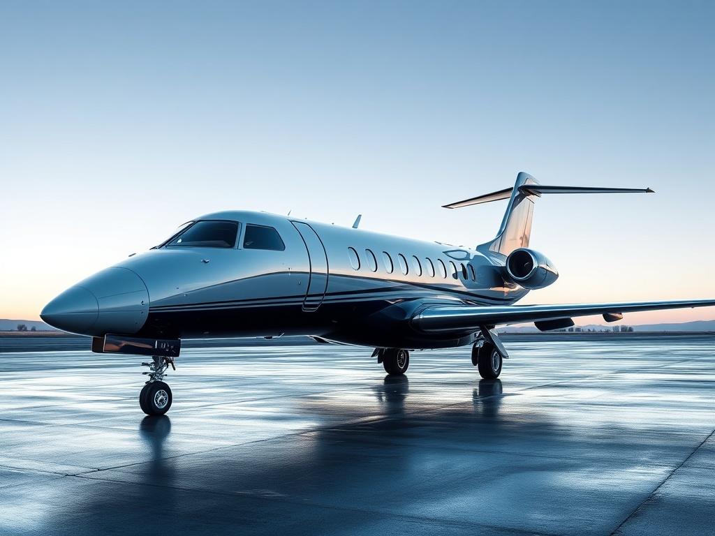 A side view of a sleek, modern executive corporate jet parked on a smooth tarmac. The jet should be portrayed with hyper-glossy, mirror-like reflections and ultra-shiny surfaces, capturing luminous highlights. The background should be minimalistic, focusing solely on the jet, enhancing its luxurious design and features. The image should convey professionalism and elegance, suitable for an asset management platform.
